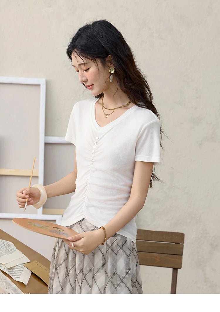 MISHOW V-neck Short Sleeve T-shirt Summer 2025 Mid Front Elastic Fold Single Row Shell Button Tees Casual Slim Tops MXE34T0560