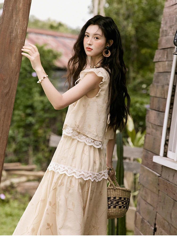 MISHOW Sweet Summer Skirt Sets Women New 2025 Short Flying Sleeve Round Neck Tops Hollow Embroidery A-line Skirt Lady MXE33T0545