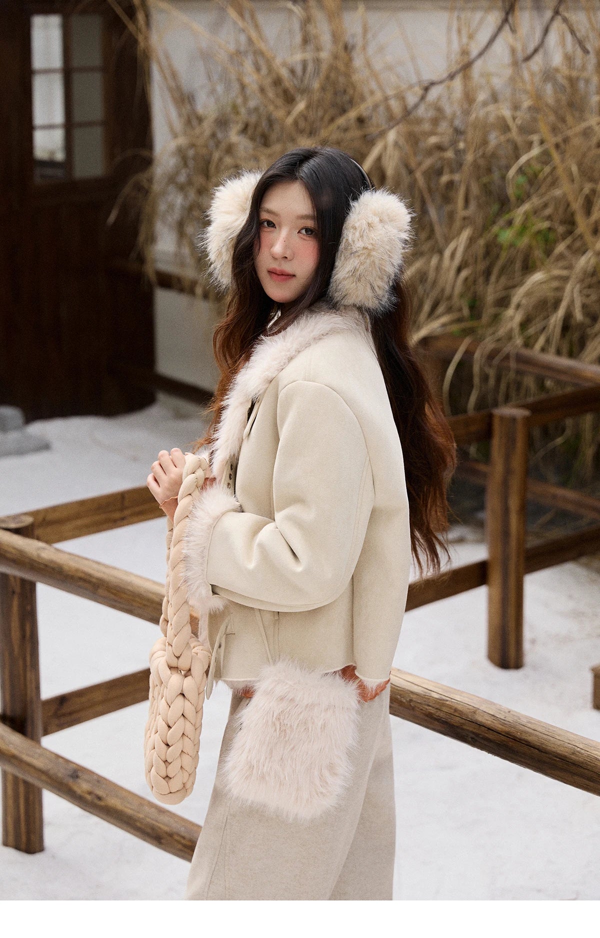 Mishow Faux Fur Lapel Short Coat with Plush Bag MXE91W1000