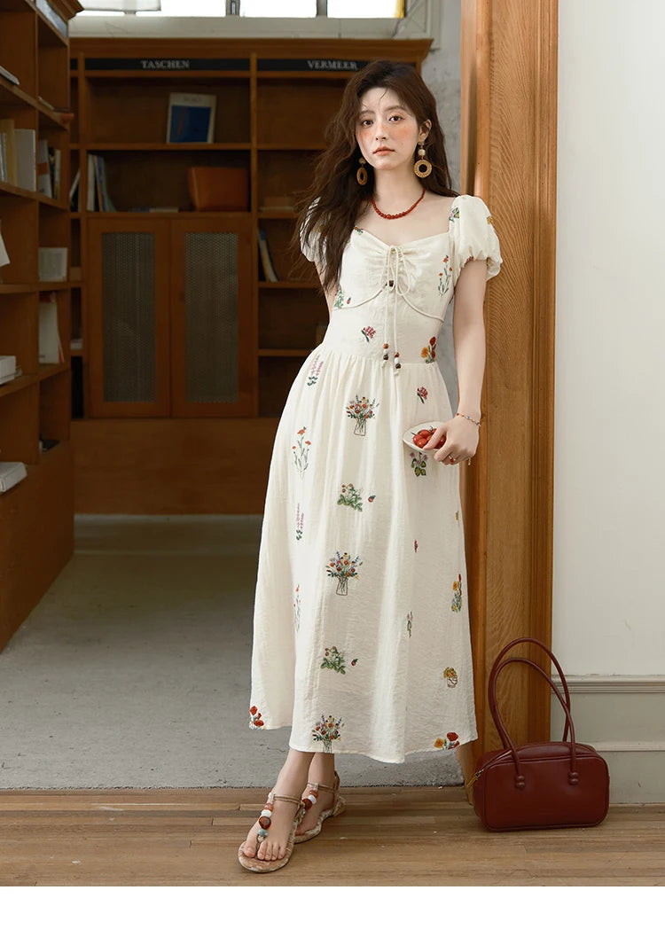 MISHOW Fashion Flower Embroidery Dress for Women Summer 2025 New Square Neck Lace Up Puff Sleeve Large Swing Dresses MXE37L2315