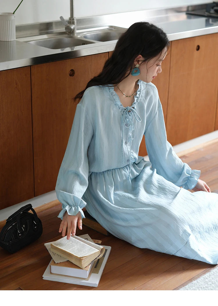 MISHOW Women's Light Blue Striped Linen Suit 2025 Autumn Fungus Edge V-neck Lace-up Shirt Elastic Waist Skirt Two pcs MXE41T0700