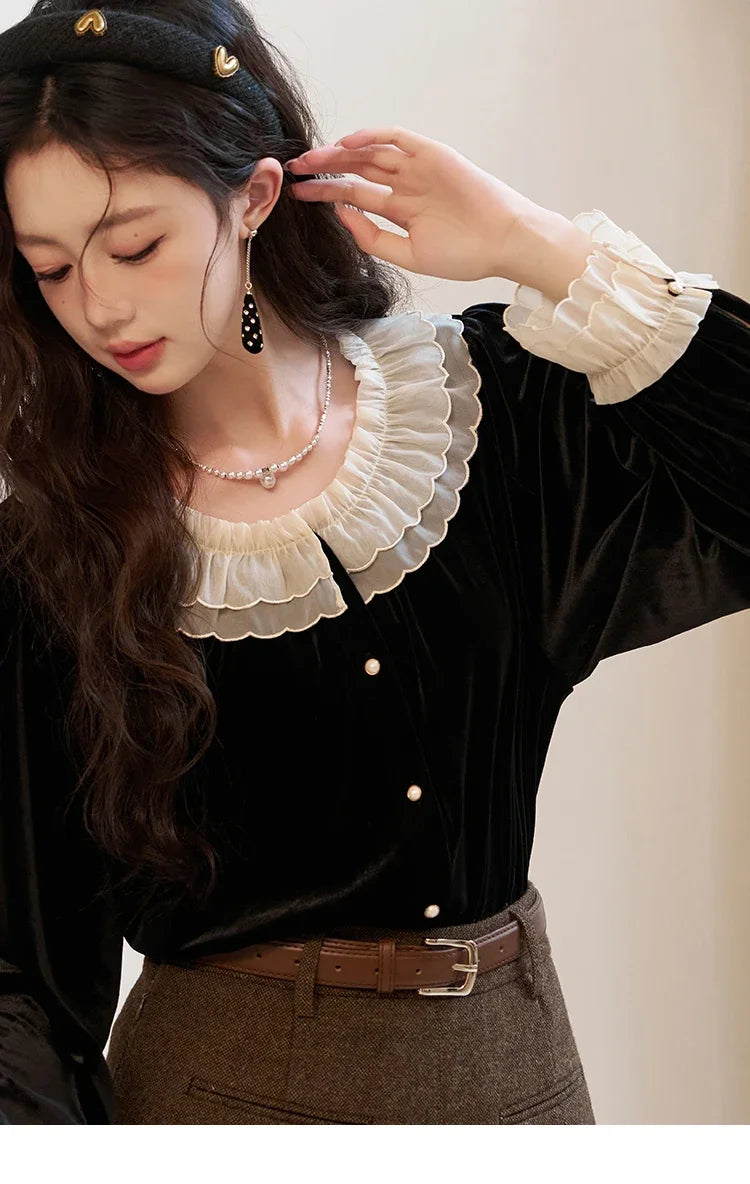 MISHOW French Retro Velvet Blouses for Women 2025 Autumn Winter Button Down O Neck Korean Long Sleeve Shirt Tops MXC51X1323