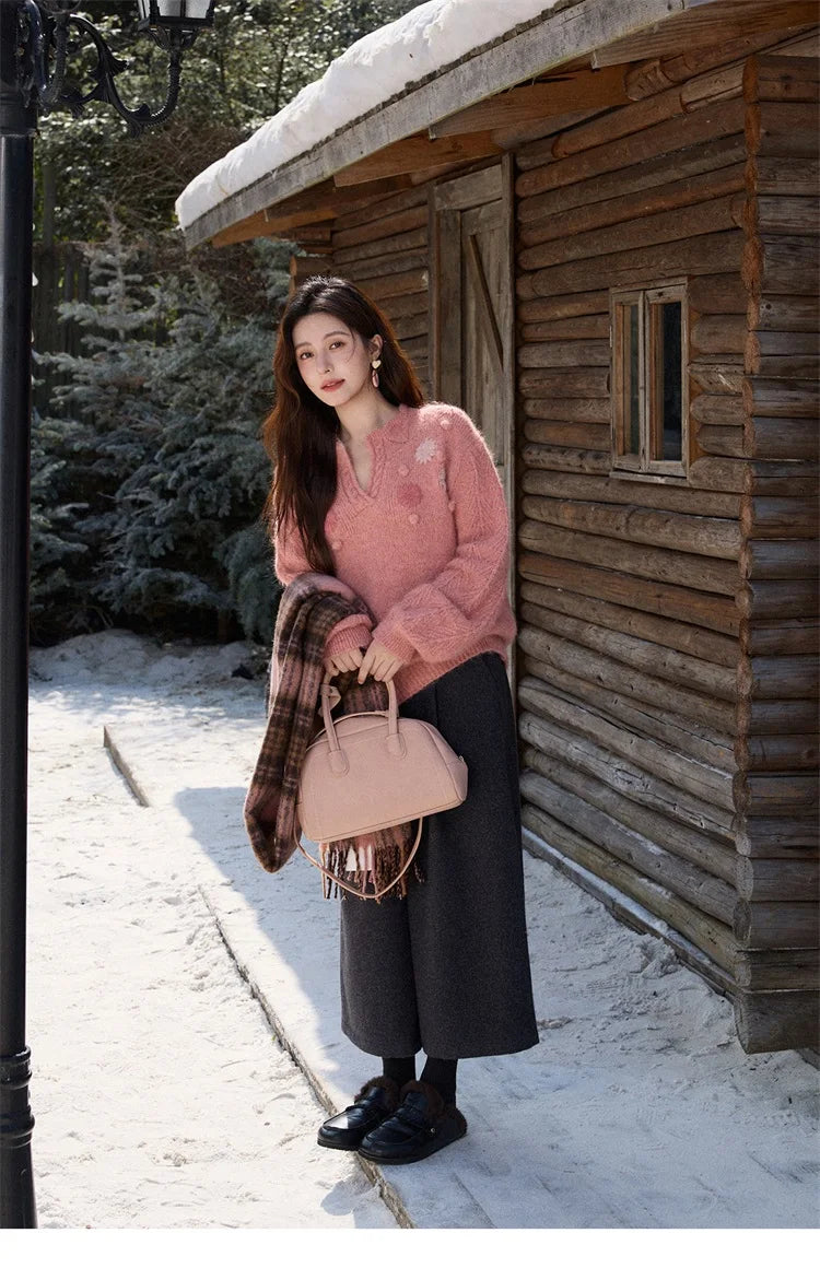 MISHOW Women's Raspberry Pink Wool Blend Sweater 2025 Winter French Floral Pom-Pom Embroidered V-Neck Knitted Top MXE86Z2740