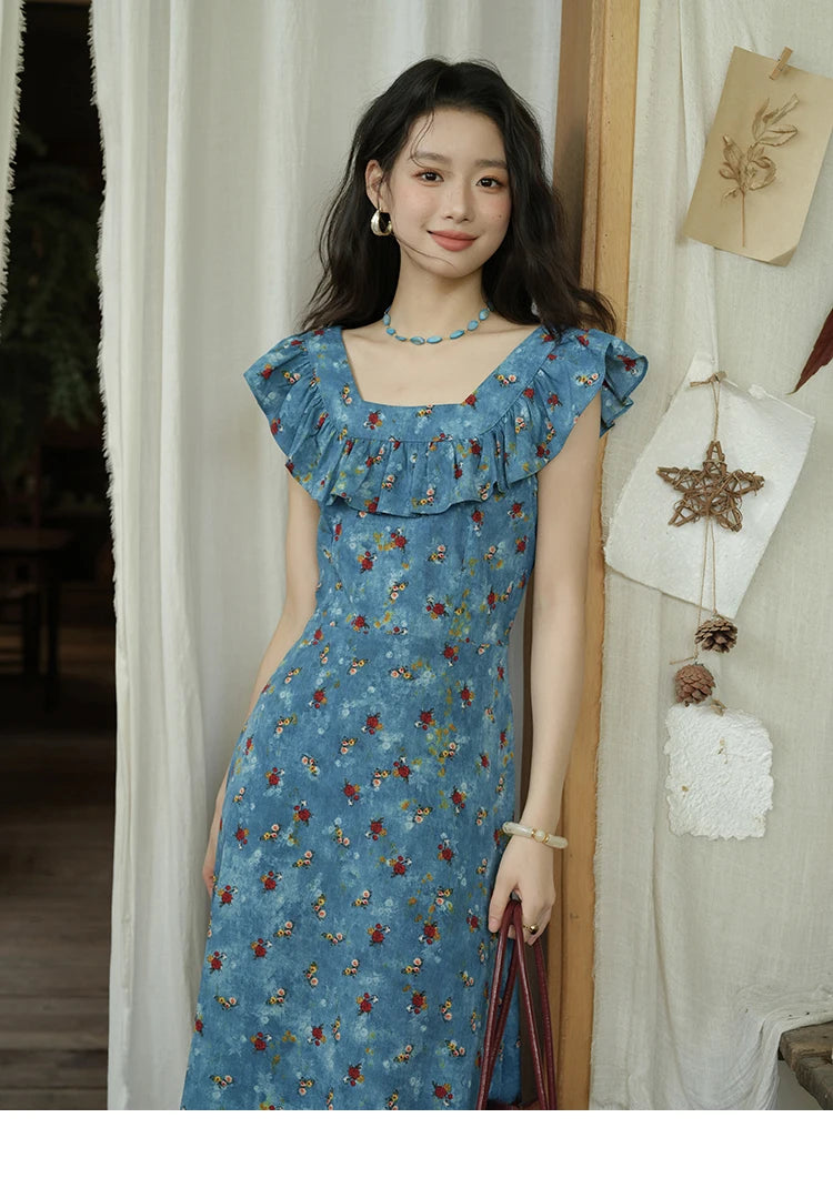 MISHOW Women's Fashion V-neck Ruffled Floral Dress Summer 2025 Flying Sleeve Waist Lace Up Casual Vacation Dresses MXE39L2436