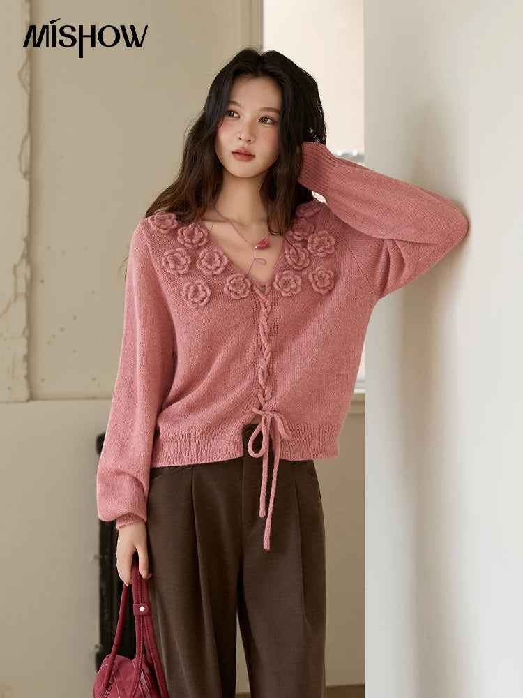 MISHOW V-Neck Sweater 2025 Autumn Winter French Loose Pink Three-Dimensional Rose Knitted Pullovers Long-sleeved Tops MXE88Z2708