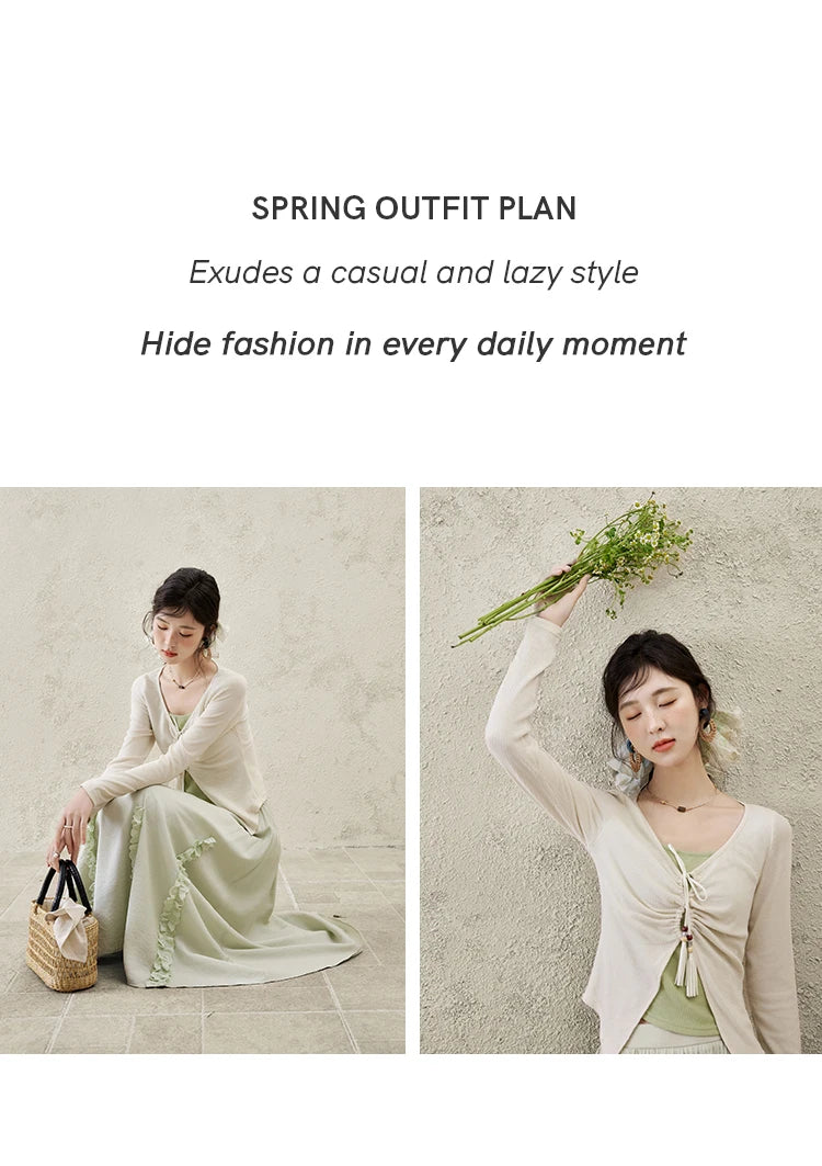 MISHOW Women's Fake Two Patchwork Knitted Spring 2025 Contrast Drawstring Strap Lace-up Tops Retro V-neck Thin Top MXE15Z1185