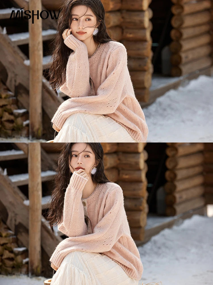 MISHOW Wool Blend Cardigan Pink Sweater 2024 Autumn Winter Women Clothes Sweet Top Knitted Sweater Outerwears MXD56Z1064