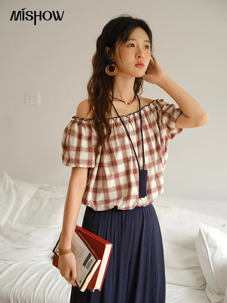 MISHOW Two Piece Set for Women Retro Red Grid Puff Sleeve Top+Casual Elastic Waist Wide Leg Pants Set 2025 Summer New MXE37T0649