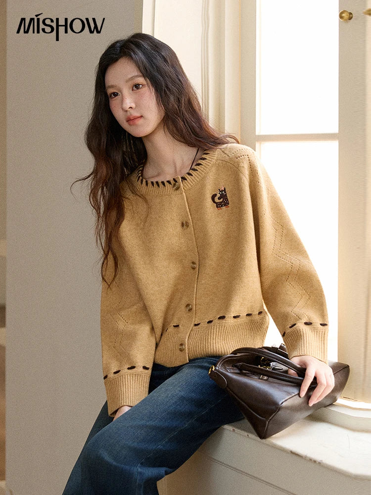 MISHOW Winter Knit Women's Cardigan 2025 New Little Fox Embroidered Sweater Retro Orange Loose Long-sleeved Tops MXE88Z2598