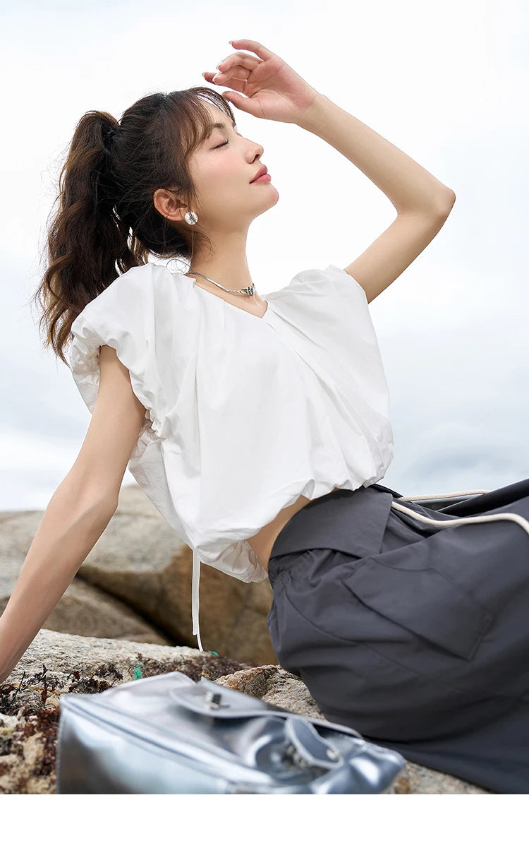 MISHOW Soft Blouses for Women 2025 Summer French Rear Collar Tie Up Solid Short Sleeve Solid V Neck Puff Sleeve Tops MXC38X1275