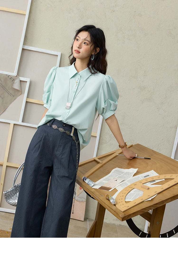 MISHOW Light Green Bubble Sleeve Shirt for Women Summer 2025 Lapel Collar Irregular Button Shirts Cotton Commuter Top MXE34C0788