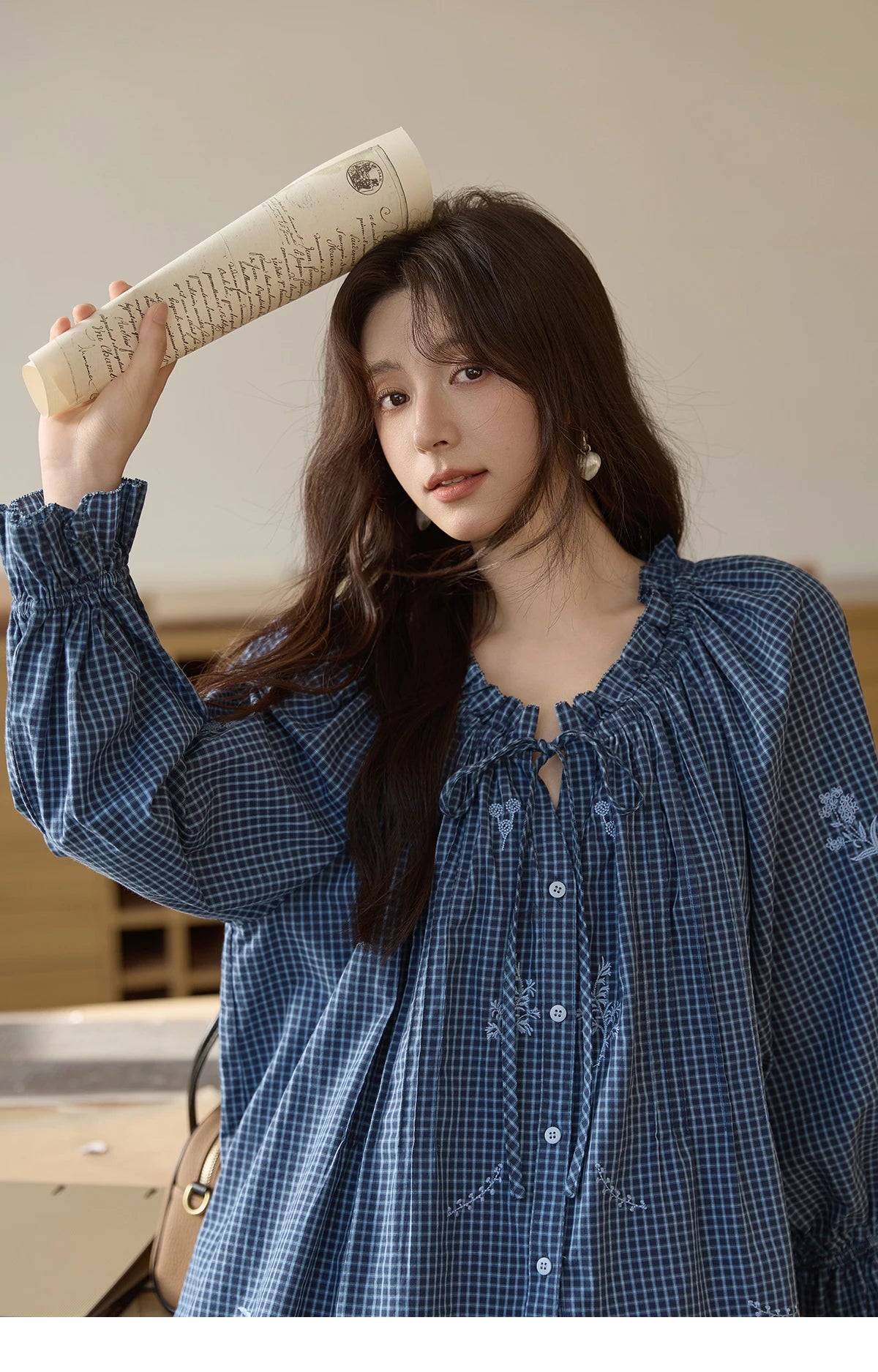 MISHOW Blue Plaid Embroidered Shirt Autumn 2025 Black Fungus Edge Collar Lace-up Doll Shirt 100cotton Loose Retro Top MXE44X2467