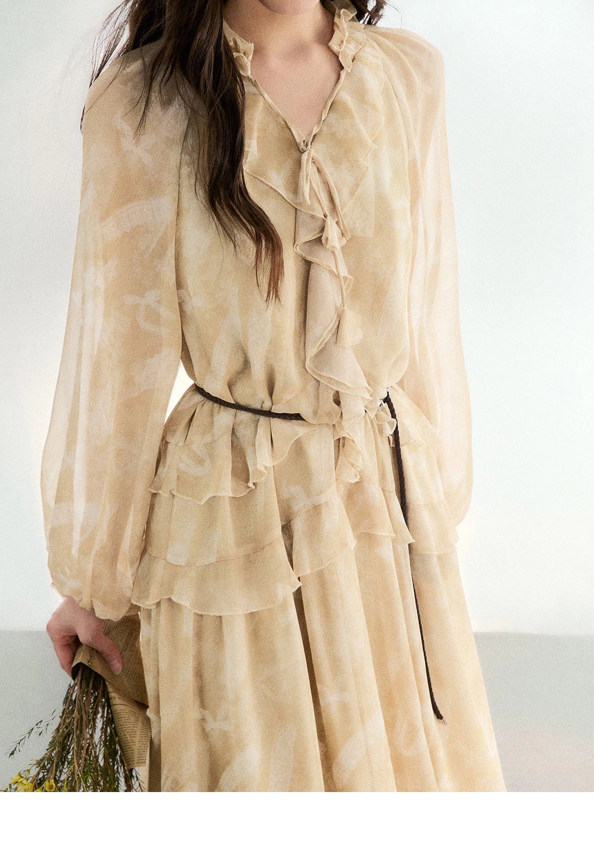 MISHOW Light Yellow Chiffon Maxi Dress 2026 Spring V-Neck Ruffled Belted Floral Print Casual Long Sleeve Dresses MXF11L2554