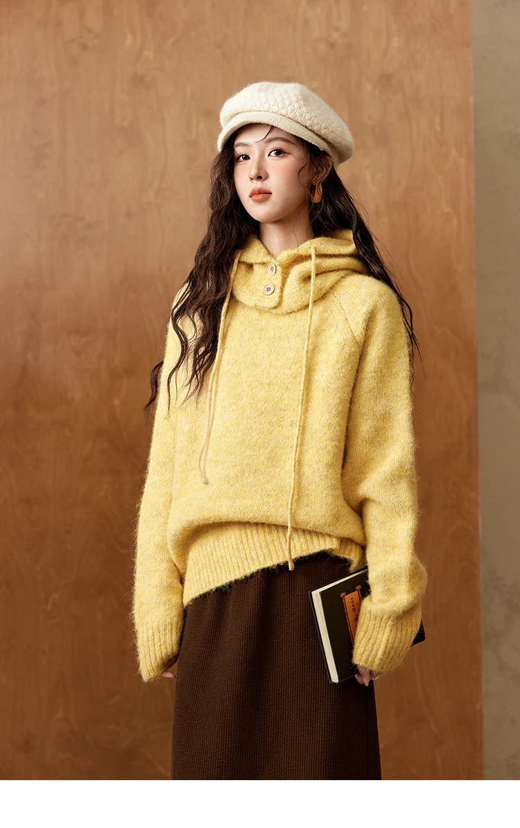 MISHOW Knitted Sweater Hooded Neck Warm Wool for Women 2025 Autumn Winter Cozy Loose-Fit Casual Solid Pullover Top MXD59Z1123