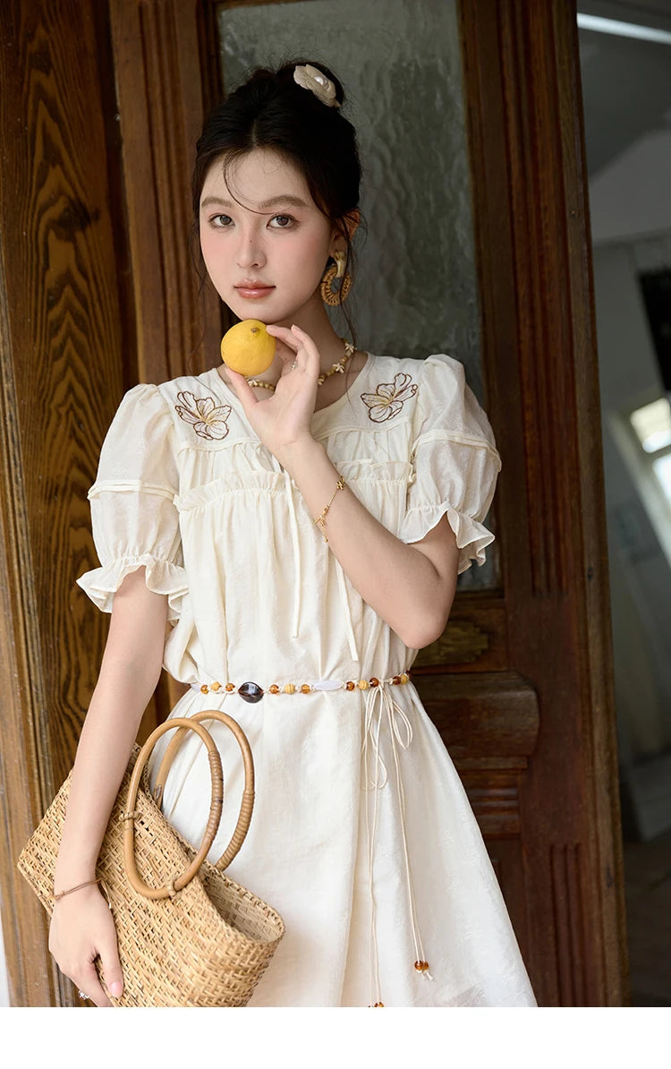 MISHOW Vacation Retro Sweet Dress for Women 2025 Summer Jacquard Embroidered Bubble Sleeve Dresses with Bohemian Belt MXD30L1864