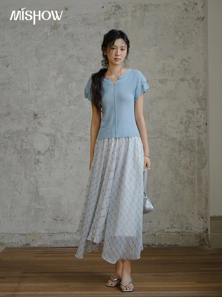 MISHOW Sheep Wool Knitted T-shirt for Women 2025 Summer New Button O-Neck Short Sleeve Blue Top Female Clothing MXE34Z1262