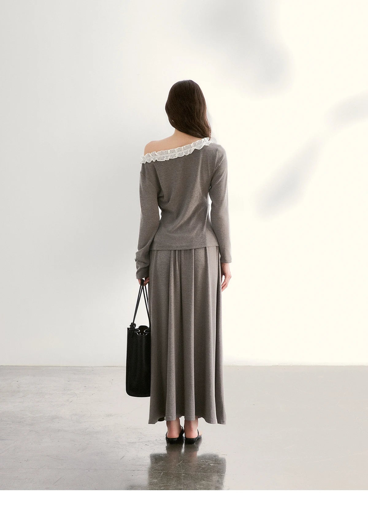 MISHOW Women's Grey Irregular Top Elastic Waist Skirt Two-Piece Set Spring Off-Shoulder Lace Trim Top Maxi Skirt Set MXF13T1479