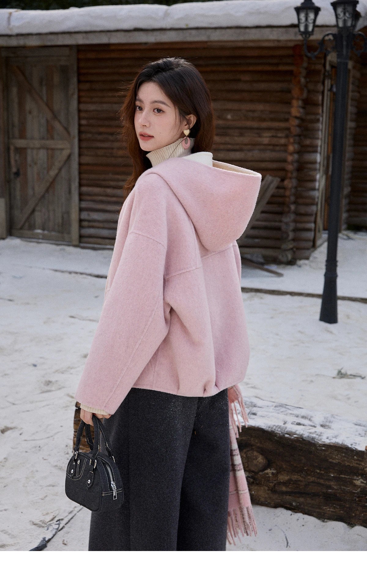 MISHOW Pink Wool Double-sided Woolen Coat Winter Hooded Bow Tie Strap Coats Loose Dropped Sleeves Coat Office Lady MXE91W1010