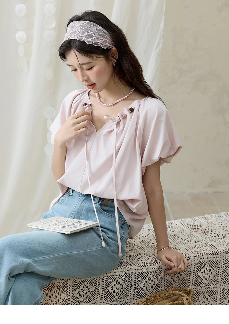 MISHOW Solid French Summer Blouses Woman 2025 New Short Puff Sleeve V-neck Beaded Retro Shirts Women Fashion Tops MXE33X1757