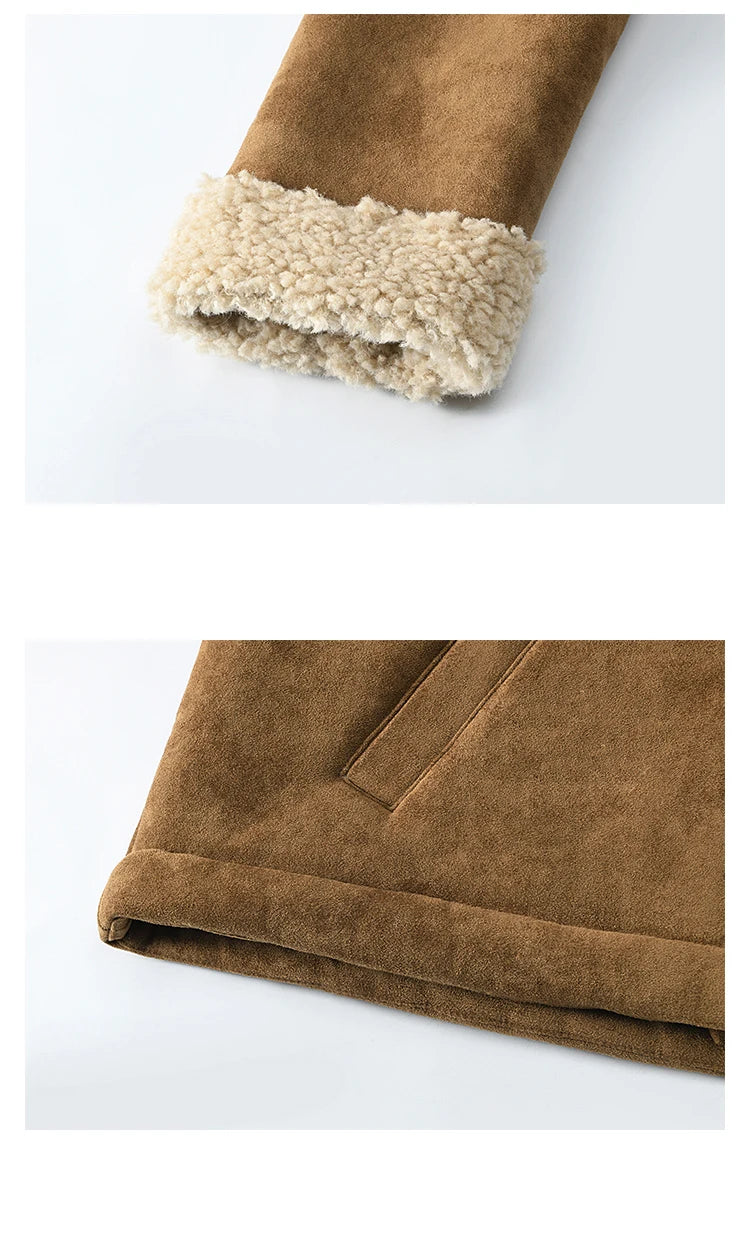 MISHOW Vintage Coats Midi Skirts Separately Brown Suede Plush Jacket Bull Horn Buckle Spliced Design Thick Warm Top MXD36W0500