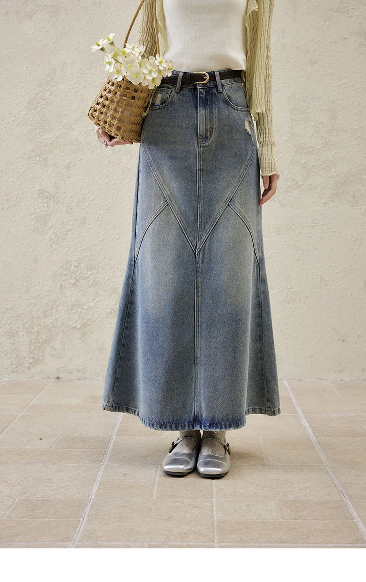 MISHOW Denim Skirt Women 2025 Spring Irregular Wash Denim Distressed Skirts Split Back Hem High Waist Commuter Skirt MXE14B0705