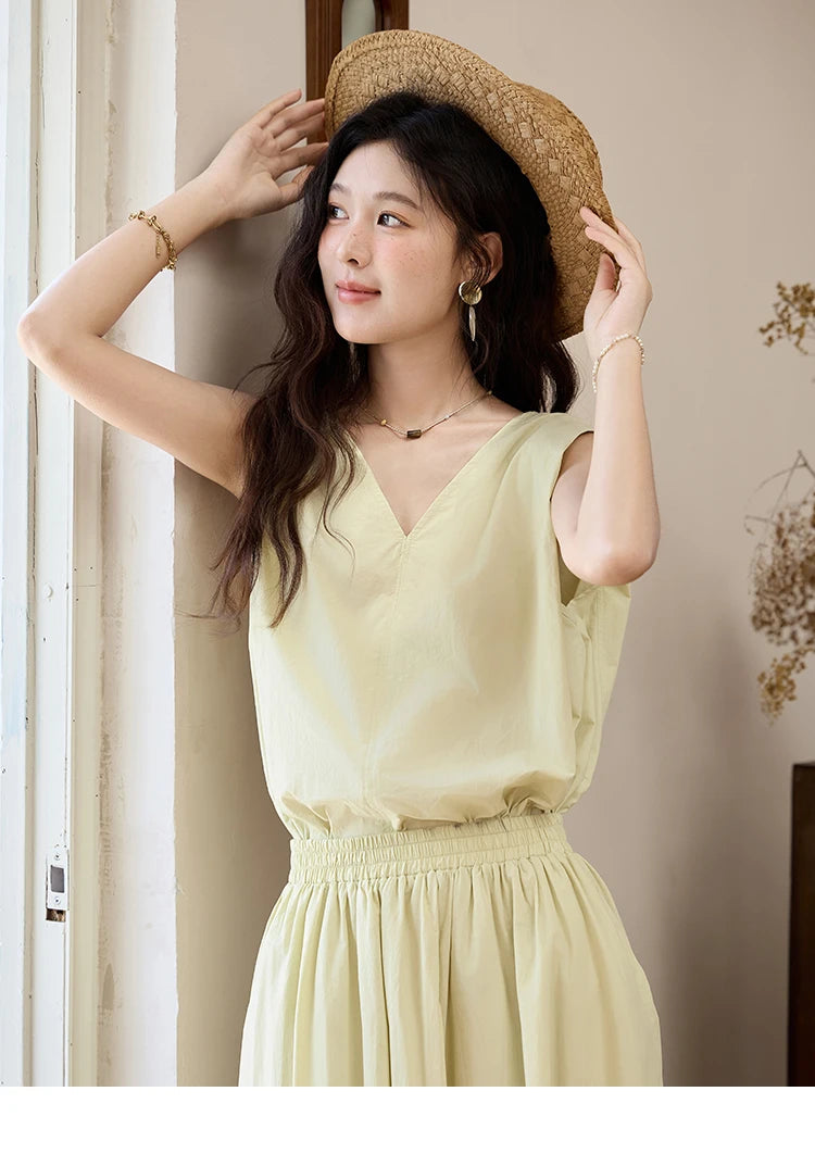 MISHOW Office Lady Solid Blouses Skirts Sets Women Summer 2025 V-neck Sleeveless Vest Elastic Waist Loose Skirts Sets MXE34T0604