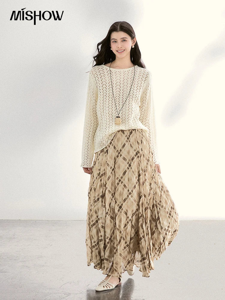 MISHOW Women's Hollow Out Knit Tops 2026 Spring Crew Neck Long Sleeve Tops Loose Casual Soft Breathable Beige Sweater MXF13Z3017