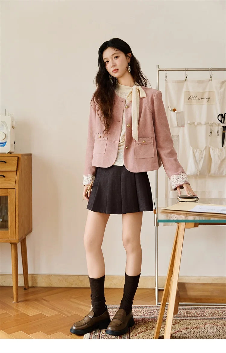 MISHOW Fragrant Suede Jacket for Women Autumn 2025 Cuffs Hollowed Out Lace Short Coats O-neck Metal Button Jackets MXE46W0839