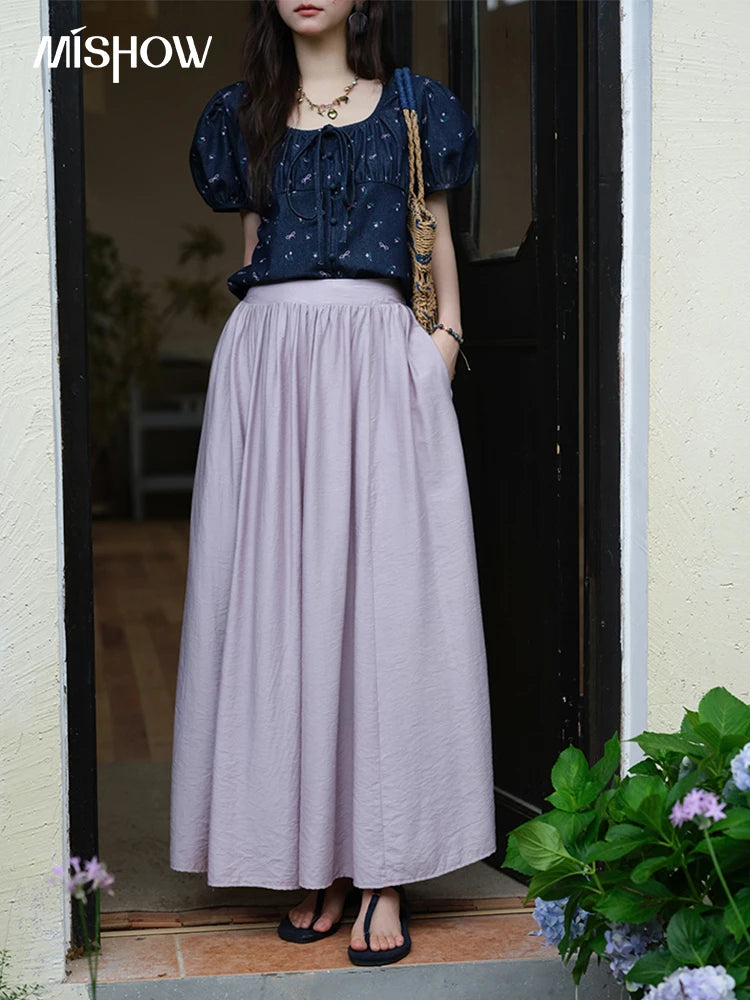 MISHOW Casual Half Skirt for Women 2025 Summer New Office Lady Fashion High Waist Pocket Female Purple Pleated Skirt MXE39B2366