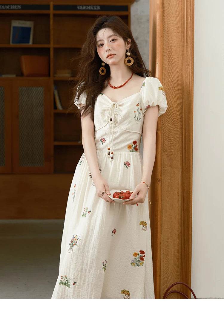 MISHOW Fashion Flower Embroidery Dress for Women Summer 2025 New Square Neck Lace Up Puff Sleeve Large Swing Dresses MXE37L2315