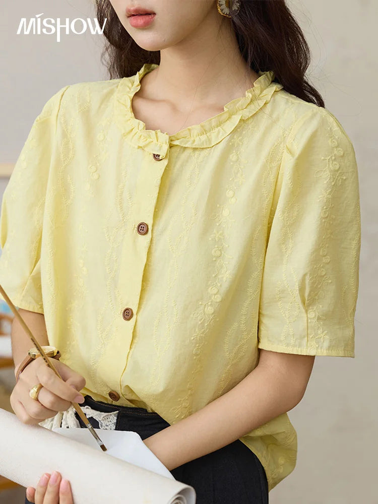 MISHOW 100% Cotton Women's Puff Sleeve Shirt 2025 Summer New Fashion Round Neck Button Top Casual Female Clothing MXE36X1873