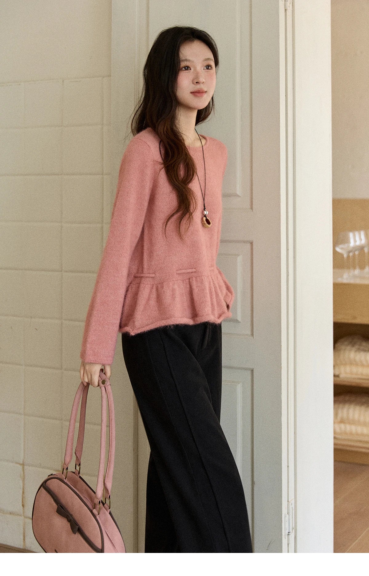 MISHOW Women's Pink Sweater 2025 Winter French Style Round Neck Knit Top Ruffled Hem with Drawstring Belt Pullover MXE90Z2824