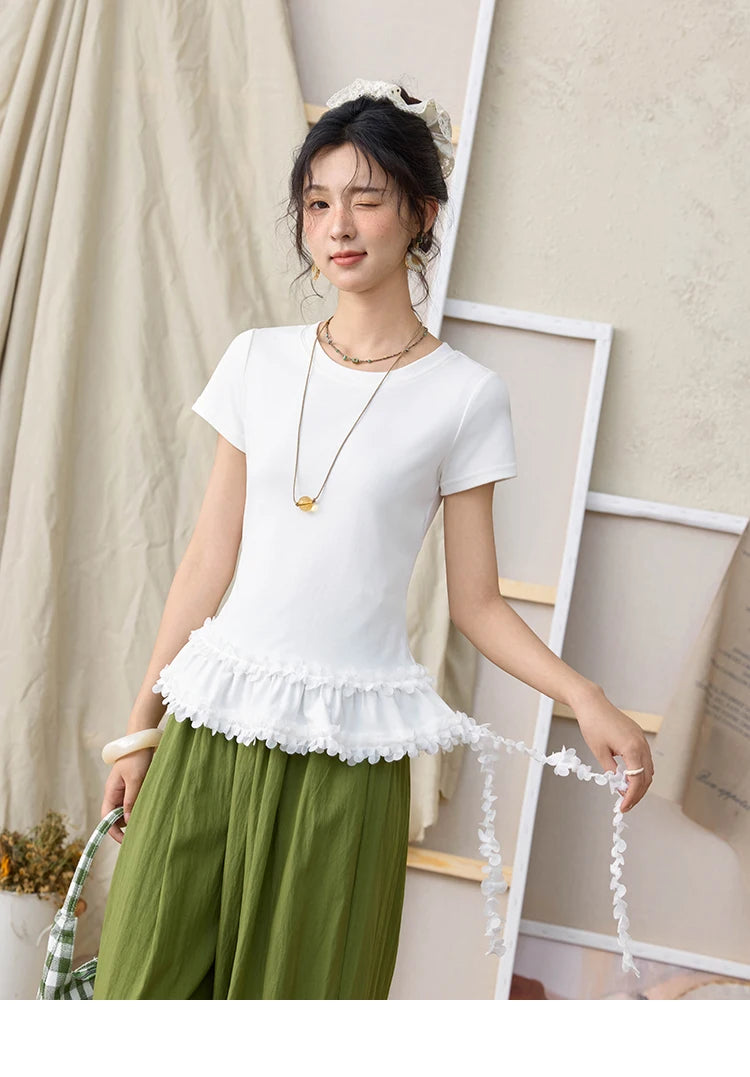 MISHOW White Ruffled T-shirt for Women Summer 2025 Round Neck Loose Slim Cotton Casual Tees with Red Lanyard Necklace MXE34T0557