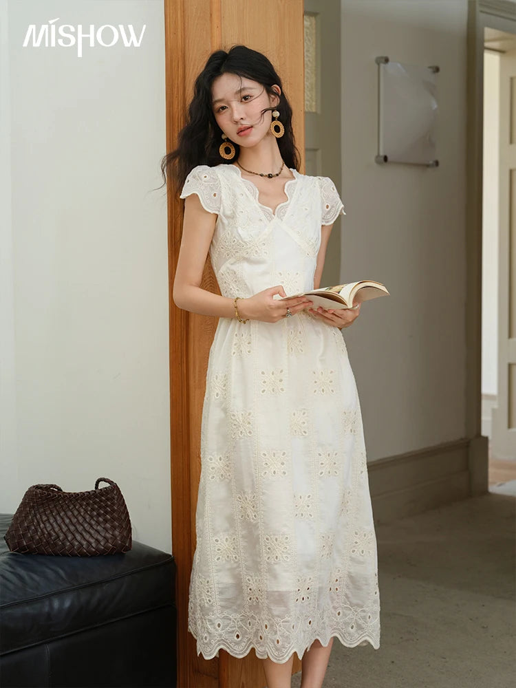 MISHOW Women's Flying Sleeve V-neck Hollow Dress 2025 Summer Embroidery A-line Dress Seaside Vacation Long Dresses MXE39L2404