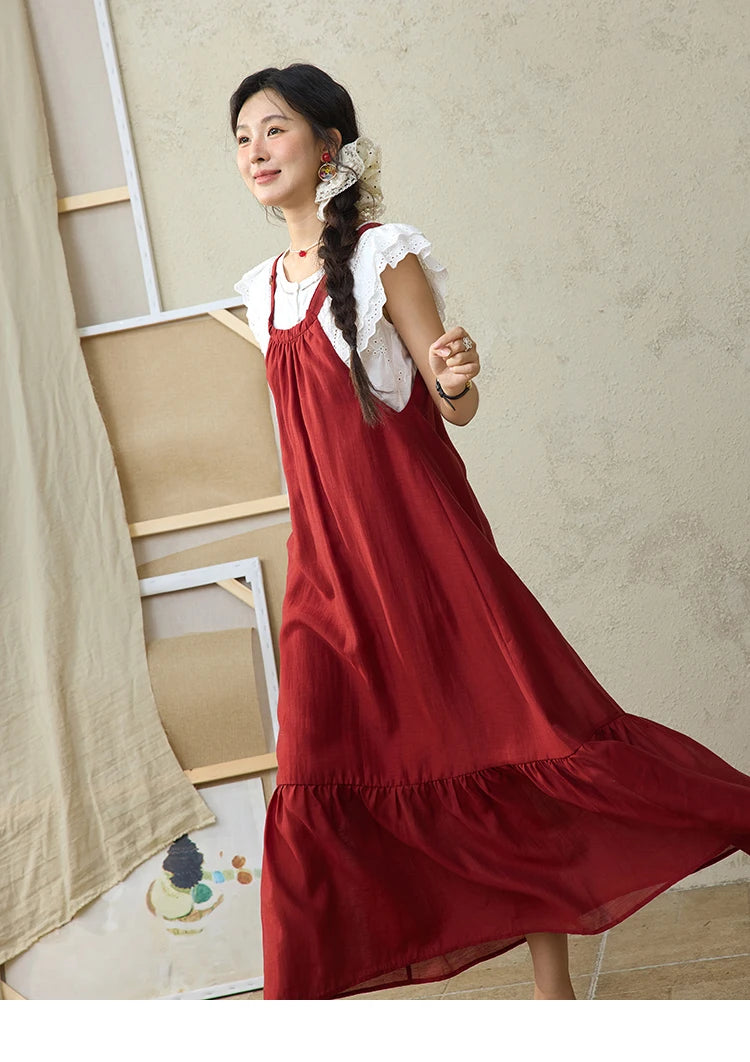 MISHOW Red Linen Strap Midi Dress Summer Sleeveless Casual Vacation Dress Hanging Neck Loose A-LINE Dress (Not A Set) MXE36L2309