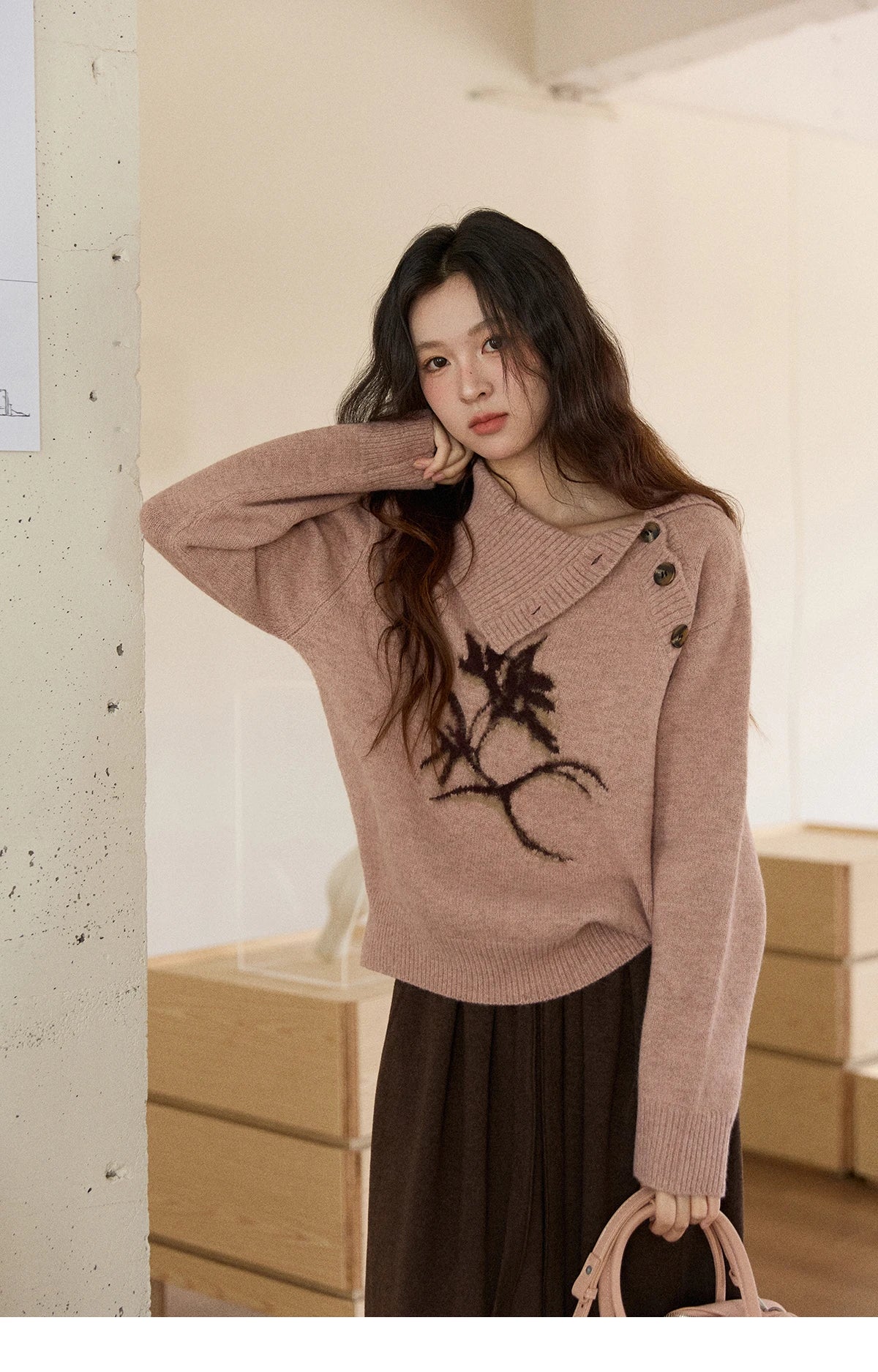 MISHOW Plant Jacquard Sweater for Woman 2025 Winter French Style Casual Turtleneck Design Knitted Pullover Tops Woman MXE86Z2658