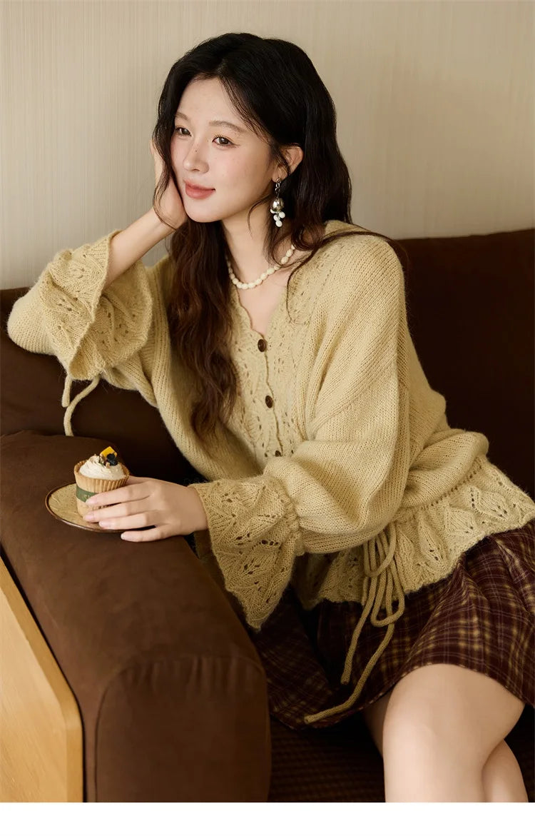 MISHOW Handmade Crochet Sweater Cardigan Autumn Mohair Flare Sleeve Knitted Tops Wave V-neck Lace-up Waist Sweater MXE47Z2513