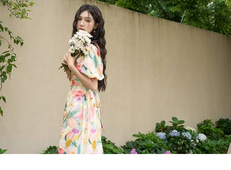 MISHOW French Tulip Fragmented Flower Dresses for Women 2024 Summer Beach Vacation Puff Sleeve Sweet Elegant Dresses MXD28L1896