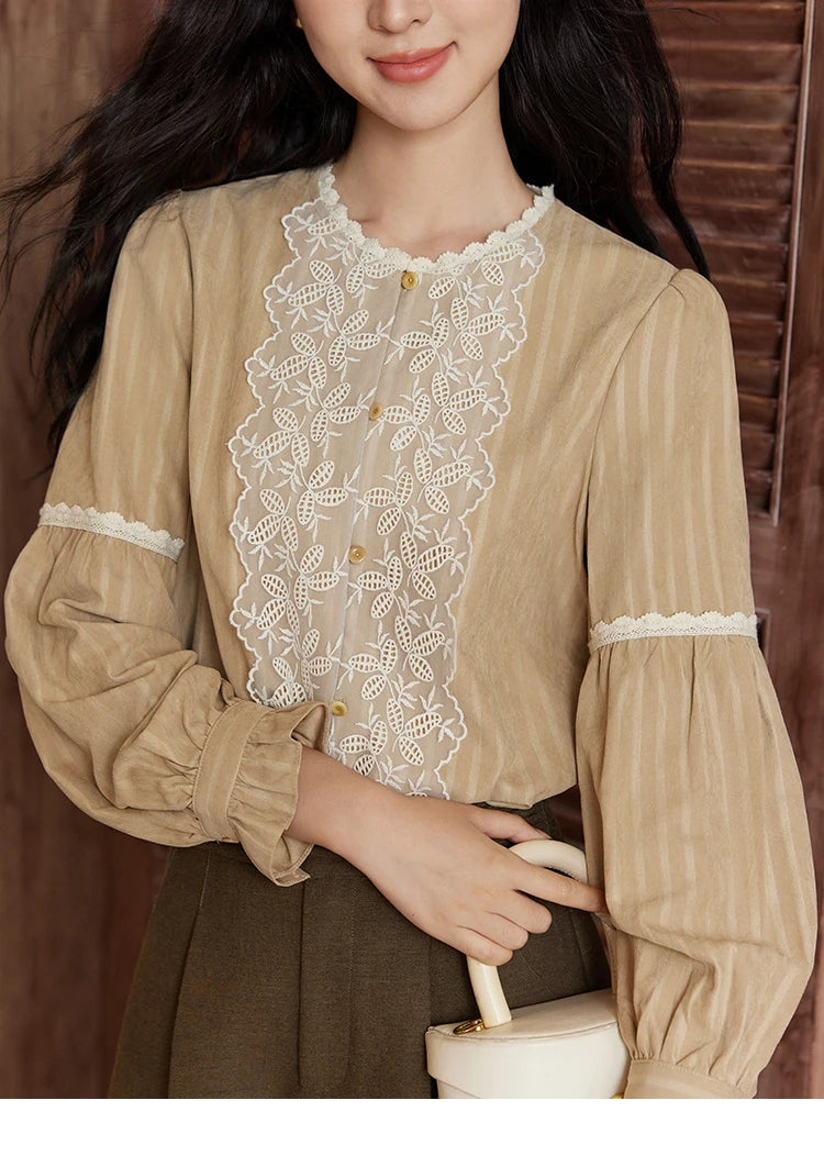 MISHOW Vintage Mesh Embroidery Blouse Women Lace Striped Lace Collar Long Sleeve Top French Lantern Sleeve Outwear  MXD47X1664