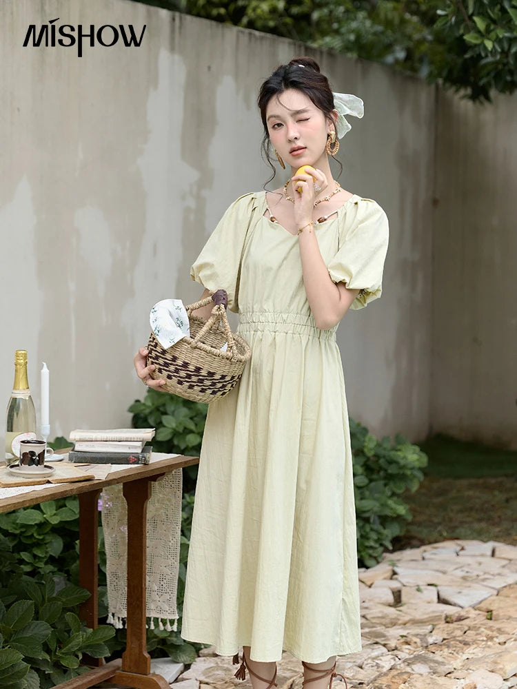 MISHOW French V-neck Bubble Sleeve Dress for Women Summer 2025 Elegant Waist Dress Back Green Waist Exposed Dresses MXD22L1825