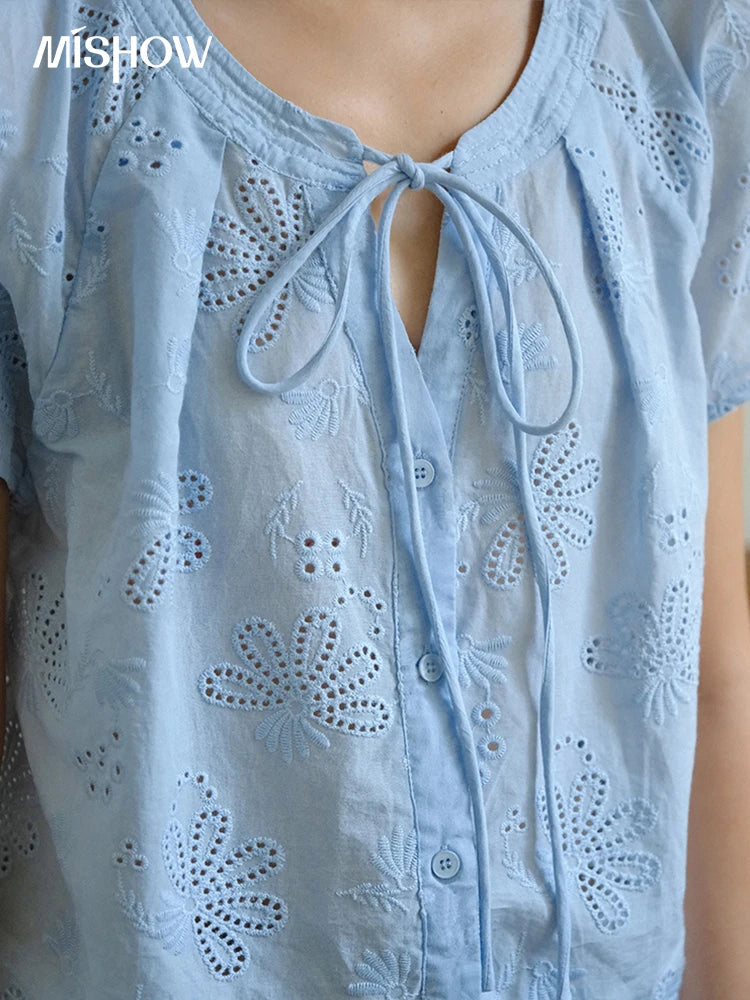 MISHOW Cotton Shirt O-Neck Button Lace Up Hollow Embroidery MXE37X1890