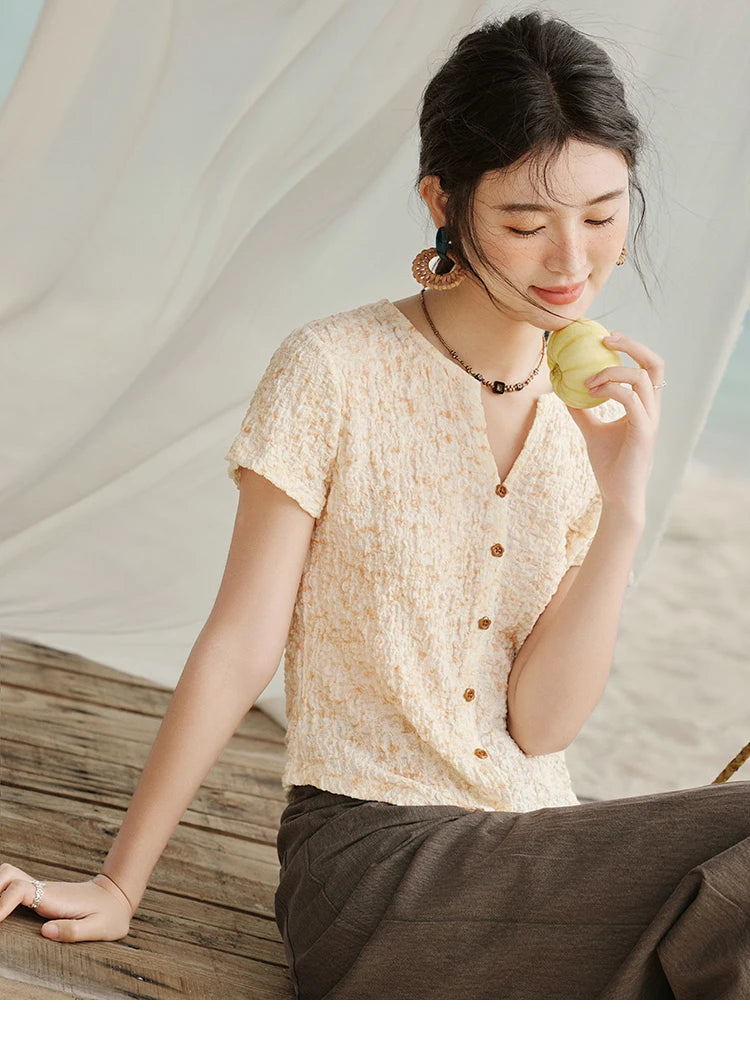 MISHOW Print Casual Summer T-shirts Women 2025 New Short Sleeve V-neck Thin Knitted Shirt Female Fashion Breathable MXE31Z1234