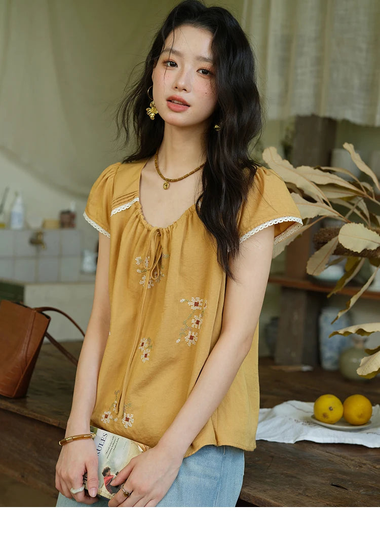 MISHOW Fashion Embroidery Flower Blouses for Woman 2025 Summer O-Neck Lace Up Flying Sleeve Lace Spliced Loose Top MXE39X1880