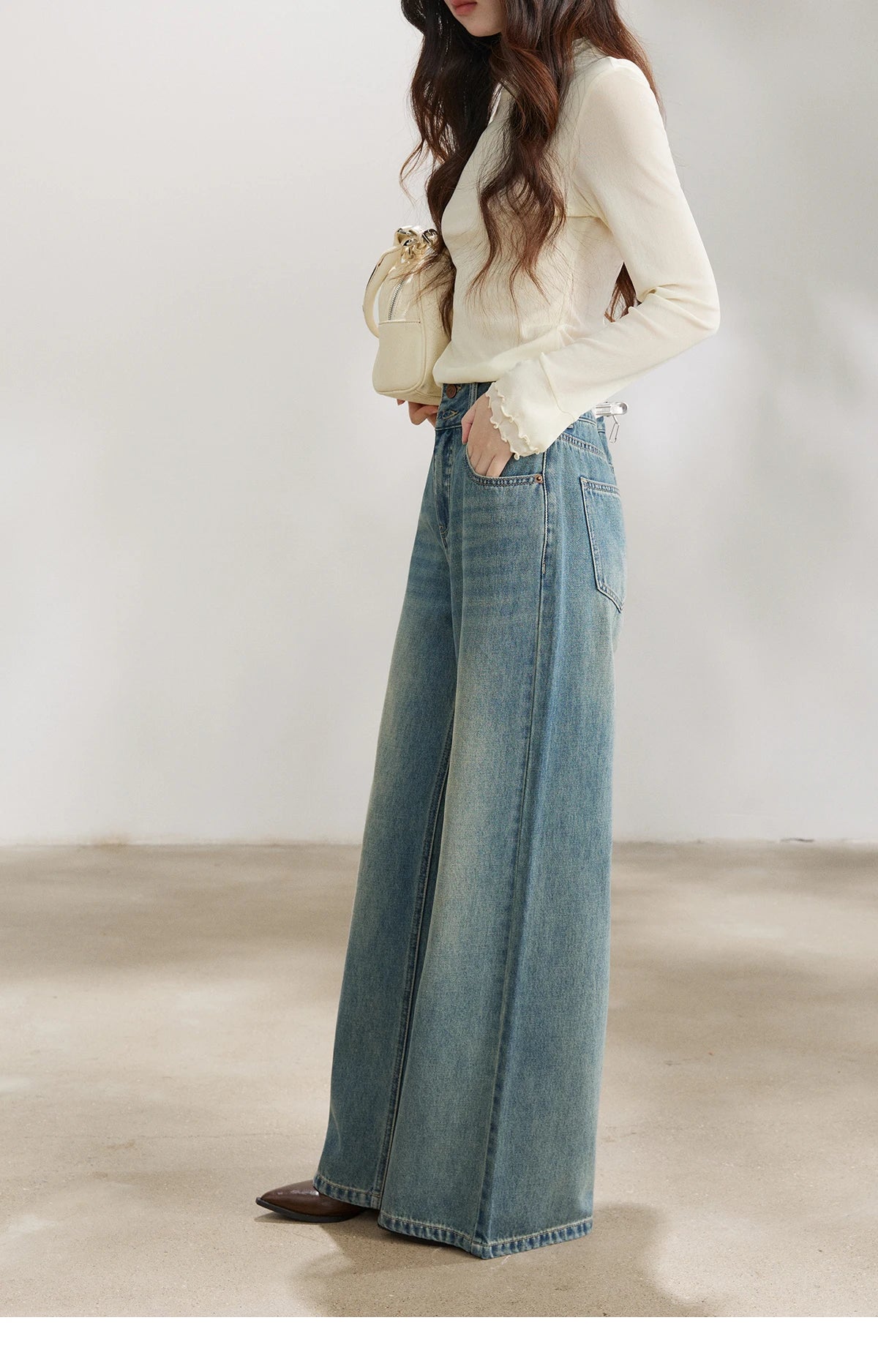 MISHOW Women's Vintage Blue Wide Leg Jeans Spring High Waist Cotton Pants Two-button Loose Casual Denim Trousers MXF108K1005