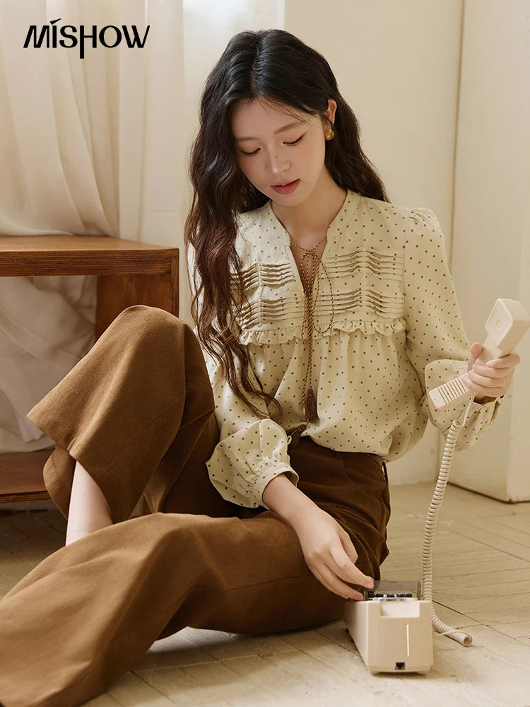 MISHOW Women's Polka Dot Ruffled Shirt 2025 Autumn Vintage Tie Tassel Round Neck Long-Sleeve Top Loose Casual Blouse MXE45X2477