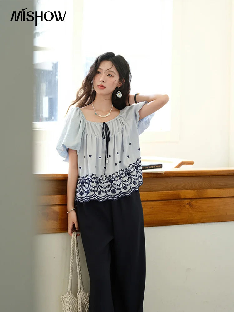 MISHOW Women's Summer Loose Print Blouse 2025 New Fashion Square Neck Lace Up Puff Sleeve Blue Blouse Female Clothing MXE36X1799