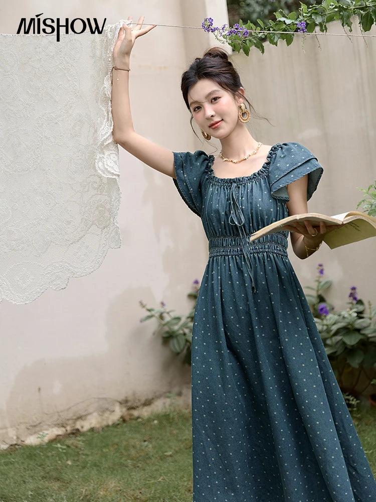 MISHOW Lace Up Flying Sleeve Polka Dot Dress Summer 2024 High Waist Pleated Long Dresses Square Neck Denim Dress MXD30L2022
