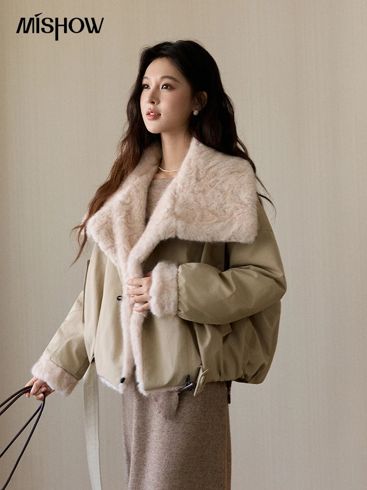 MISHOW Women's Parka Down Jacket Winter Large Lapel Fur Collar Horn Button Coat Thick Warm Loose Padded Outerwear MXE94W1046