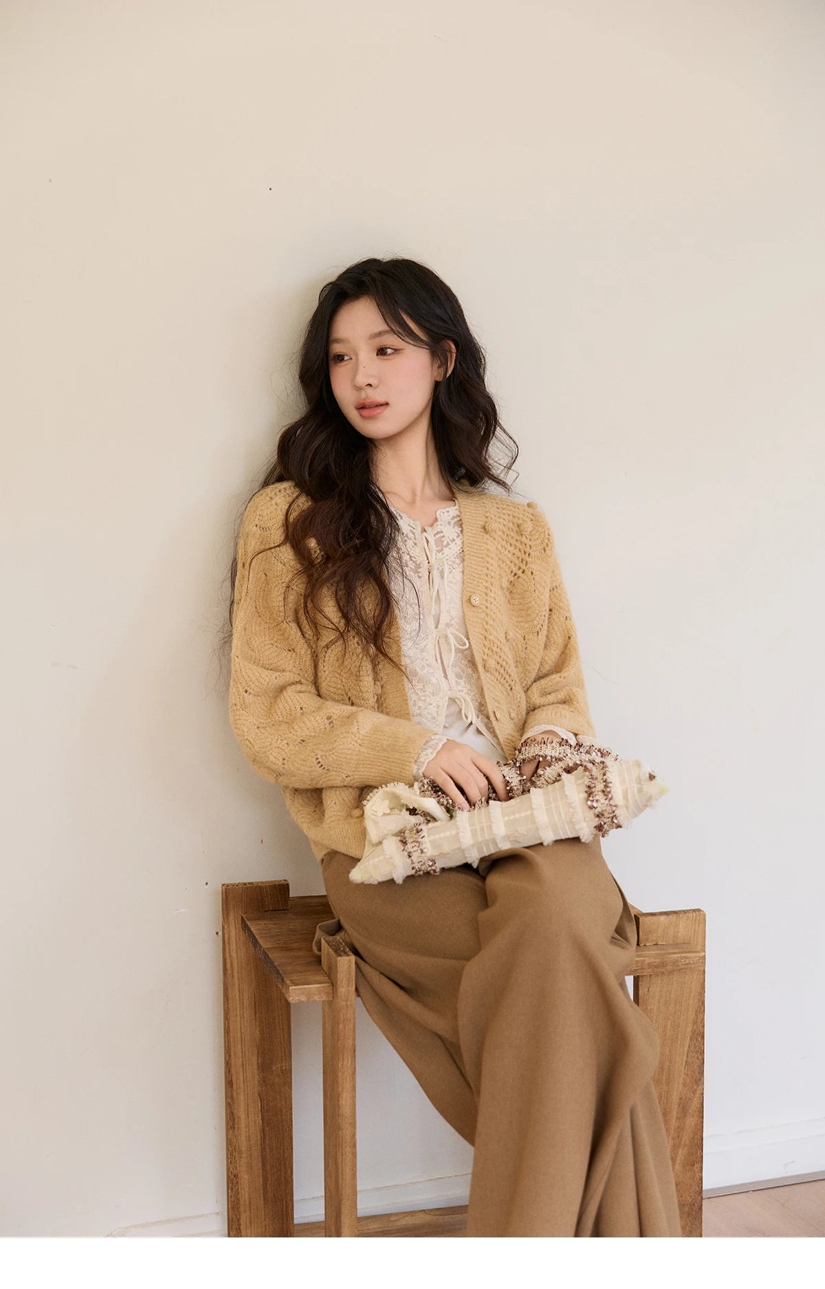 MISHOW Women's Solid Hollow-out Knit Thin Cardigan 2026 Spring V-Neck Bobble Knit tops Casual Loose Knitted Sweater MXF108Z1020