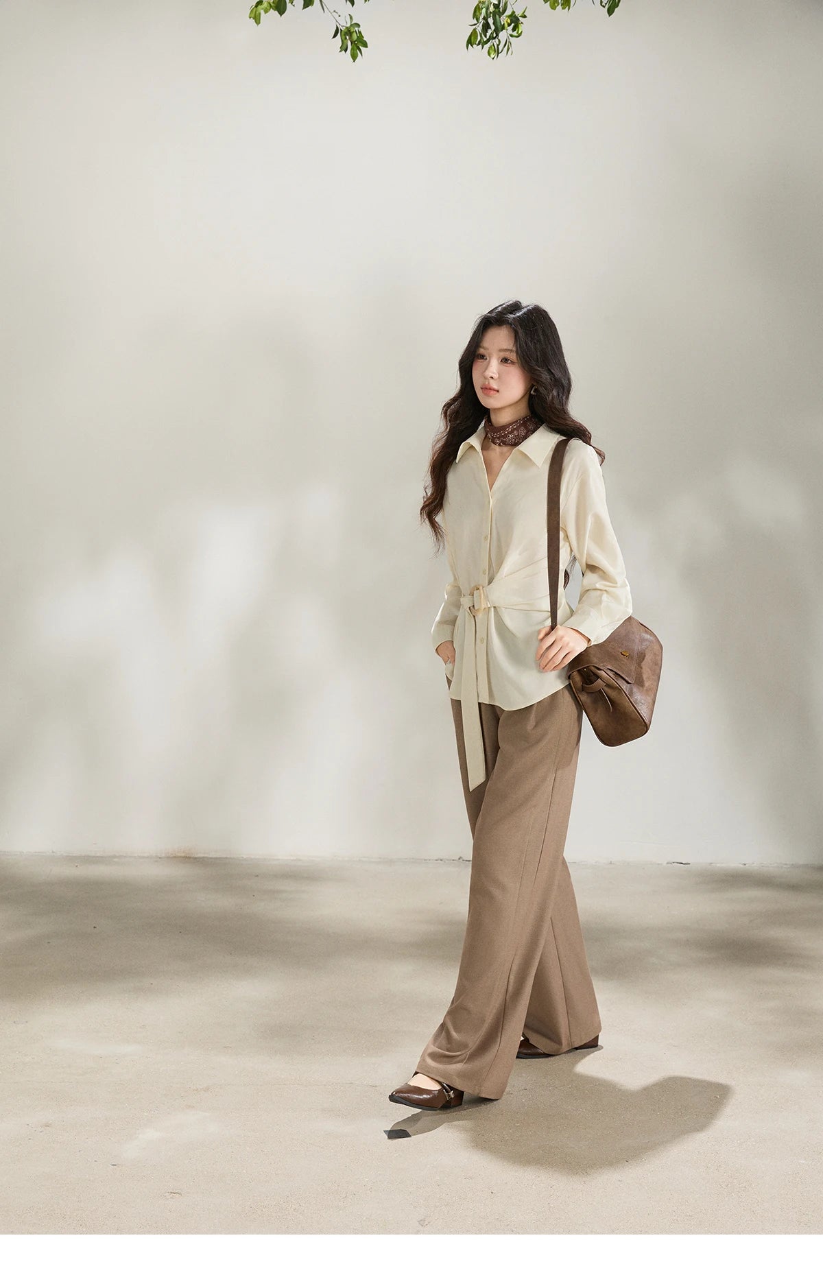 MISHOW Women's Lapel Collar Long Sleeve Shirt 2026 Spring with Belted Waist Casual Loose Soft Beige Shirt Office Lady MXF13C2452